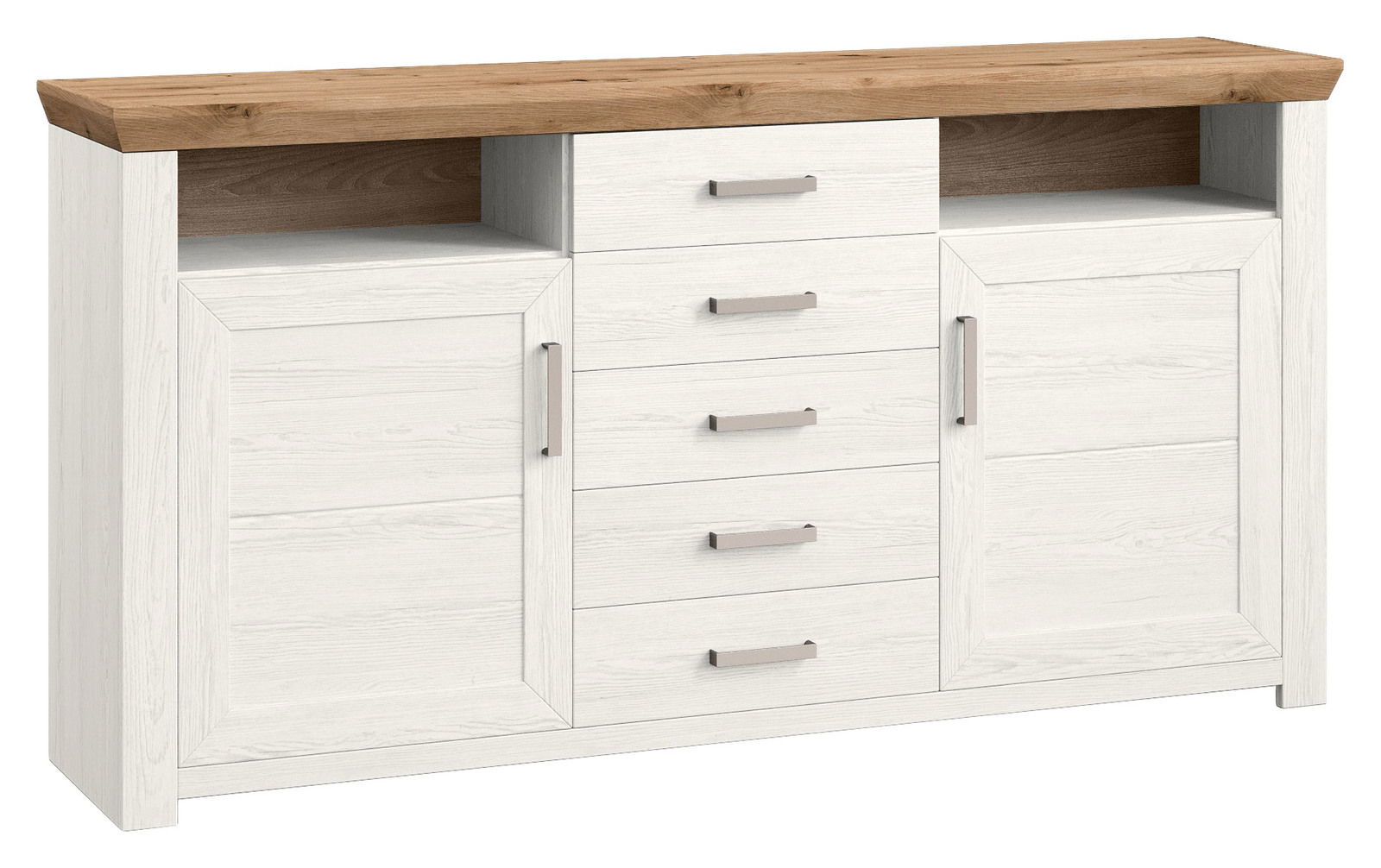 Weißes Sideboard mit Holzplatte, fünf Schubladen und zwei Türen, frontale Ansicht
