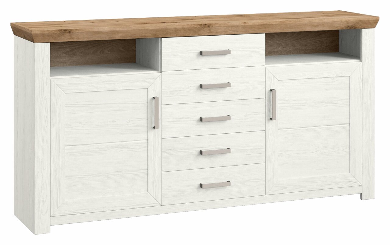 Set one by Musterring Sideboard SET ONE YORK Weißes Sideboard mit Holzplatte, fünf Schubladen und zwei Türen, frontale Ansicht
