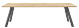 Moderner Esstisch aus Holz mit Metallbeinen, seitliche Perspektive