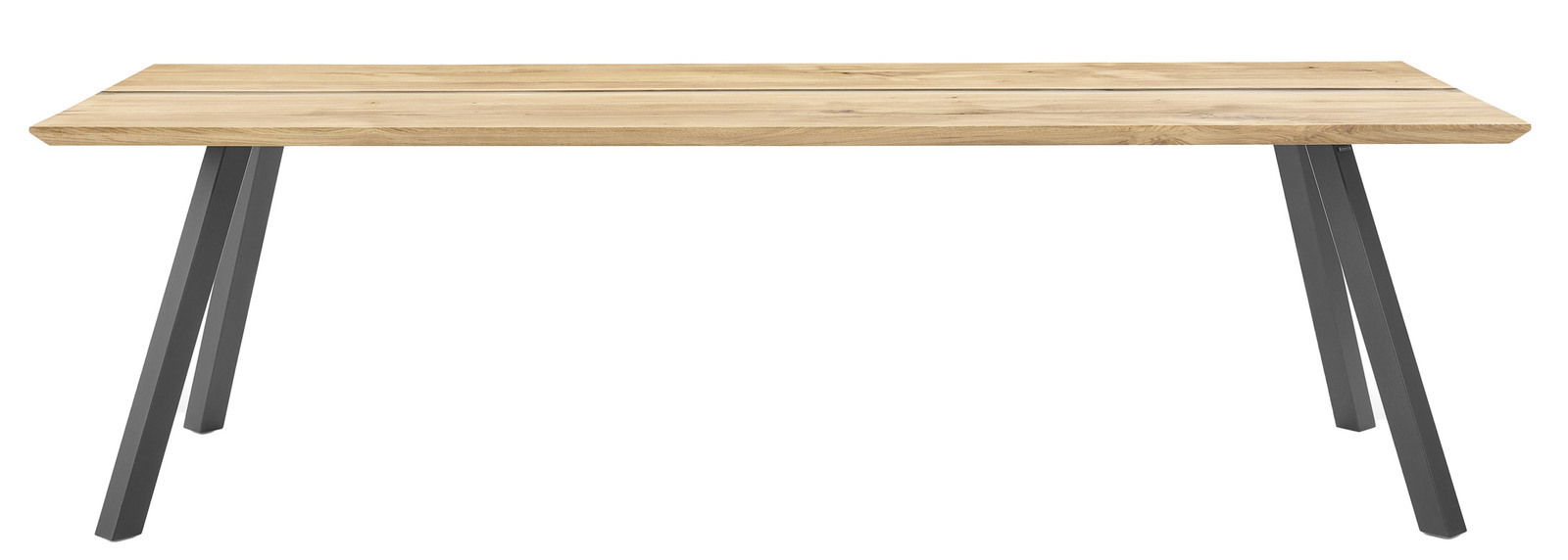 Moderner Esstisch aus Holz mit Metallbeinen, seitliche Perspektive