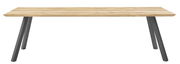 Moderner Esstisch aus Holz mit Metallbeinen, seitliche Perspektive
