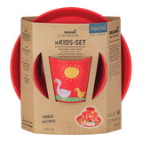 Kinder-Set 3-tlg. Connect Farm, bestehend aus einem kleinen Teller, einer Schale und einem Becher mit Bauernhof-Motiv, aus organischem Material, in einer Verpackung von vorne fotografiert.