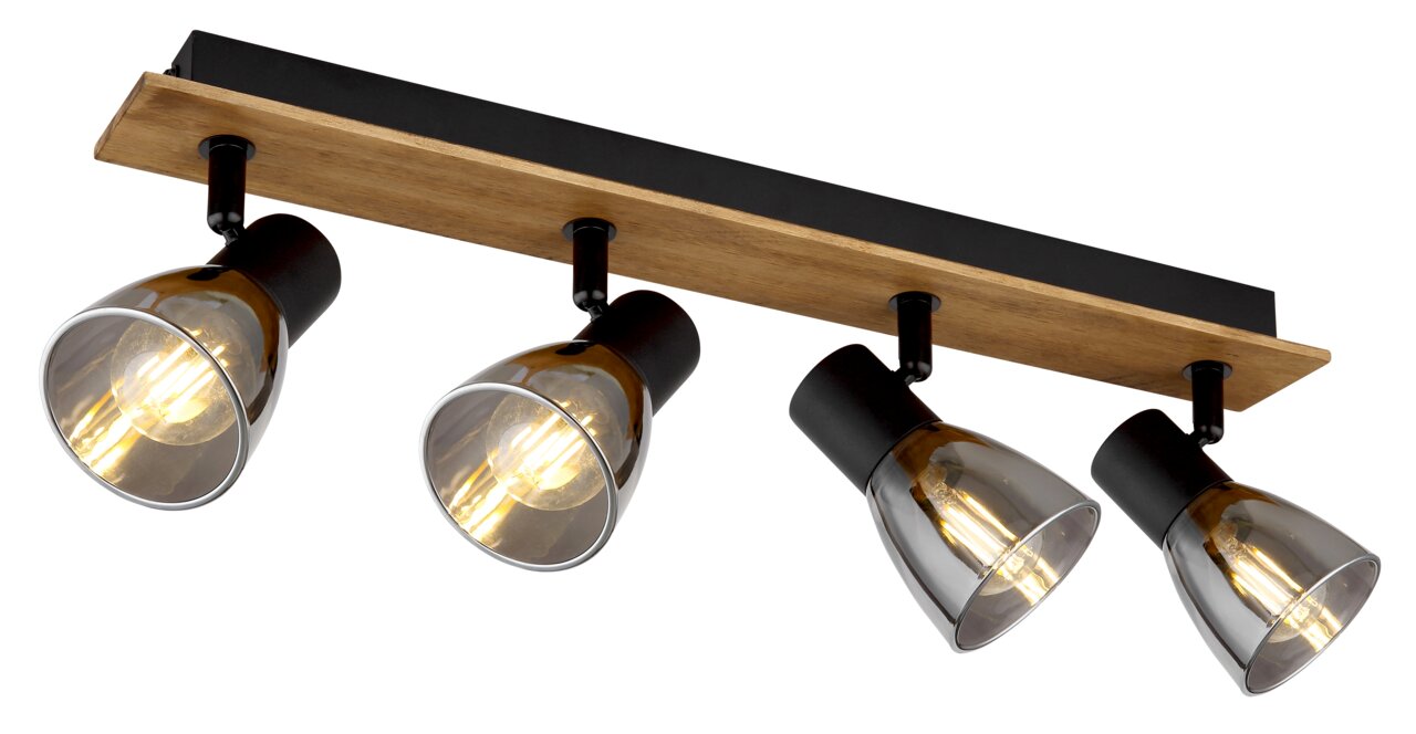 Globo Lighting Spot CLAUDE Deckenstrahler mit vier verstellbaren Leuchten auf einer Holz- und Metallbasis, seitliche Perspektive
