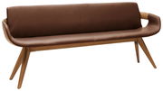 Moderne braune Lederbank mit Holzbeinen, seitliche Perspektive