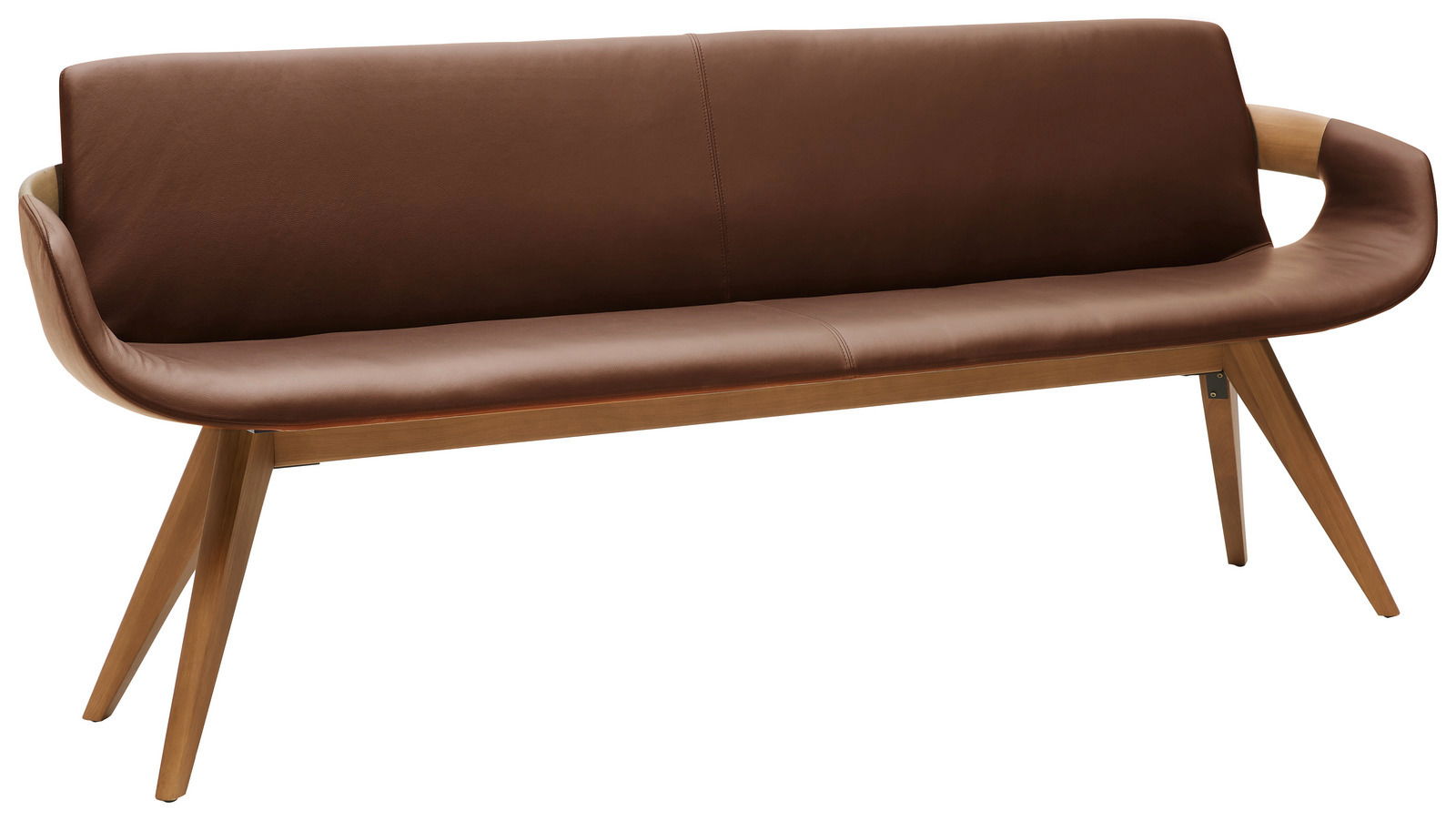 Moderne braune Lederbank mit Holzbeinen, seitliche Perspektive