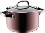 Topf aus der FUSIONTEC Rose Quarz Serie, seitliche Perspektive, mit glänzendem Deckel und Griffen.