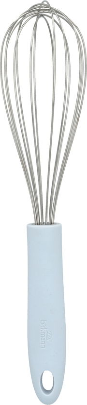 Schneebesen mit hellblauem Griff, frontal abgebildet