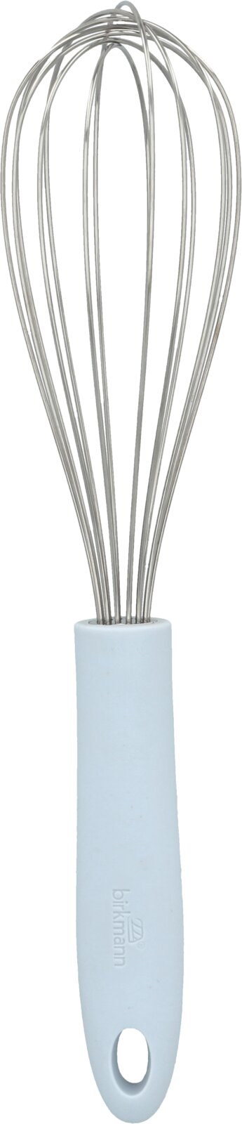 Schneebesen mit hellblauem Griff, frontal abgebildet