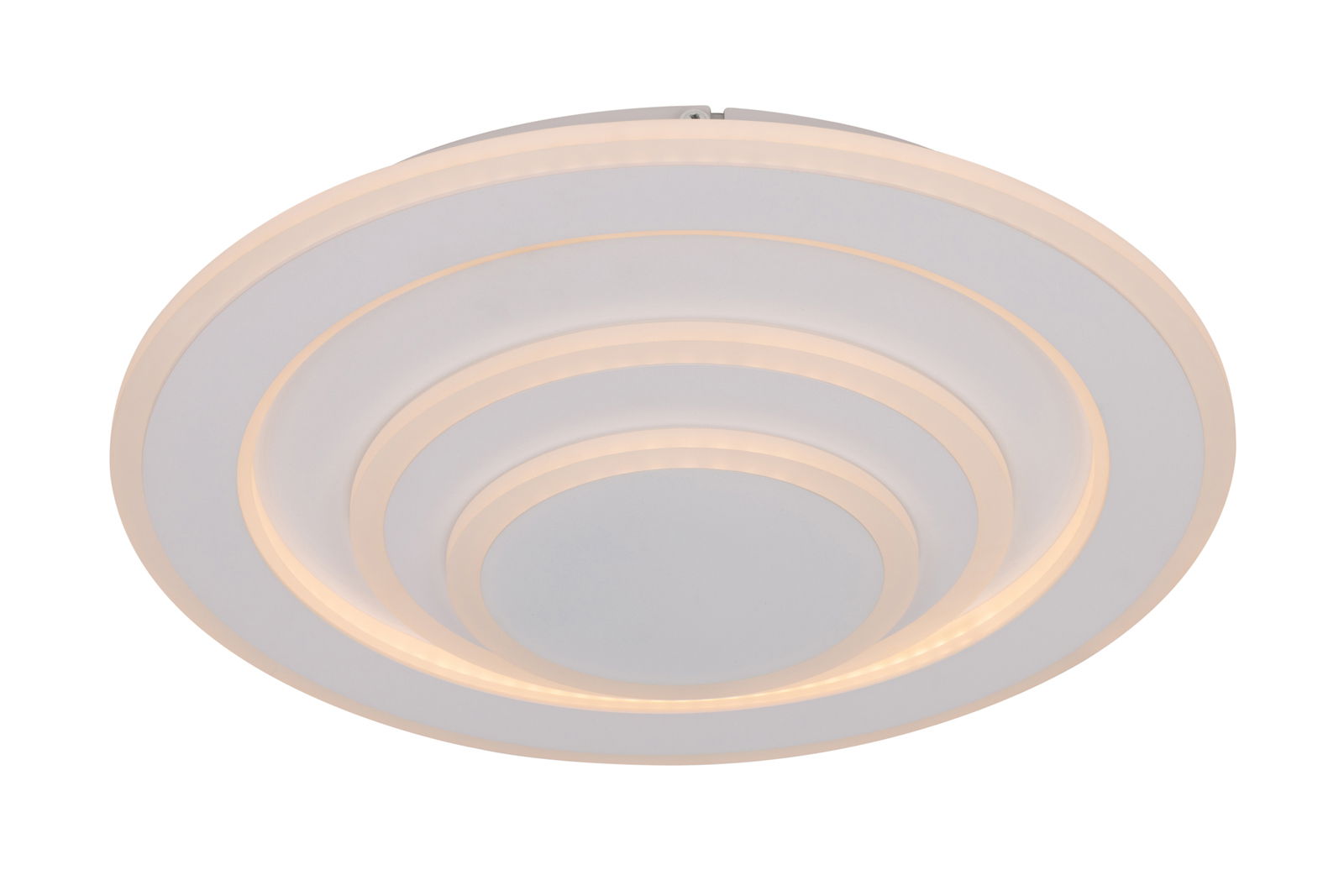 Moderne LED-Deckenleuchte mit konzentrischen Kreisen, seitliche Perspektive