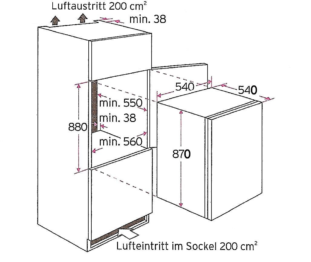 Technische Skizze eines Einbaukühlschranks im Hochschrank mit Maßangaben (u. a. 880/870 mm, 540 mm, min. 550/560 mm) sowie Luftauslass oben und Lufteintritt im Sockel je 200 cm²; Perspektive: isometrische 3D-Ansicht schräg von vorn.