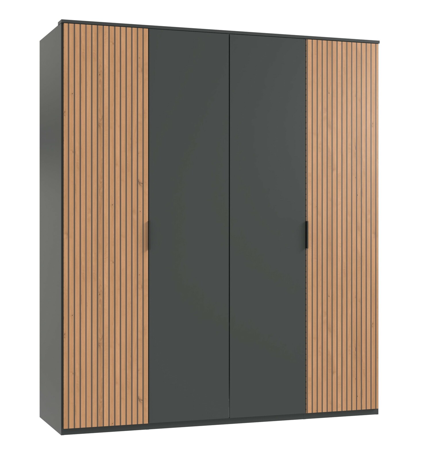 Moderner viertüriger Drehtürenschrank mit dunklen Mitteltüren und Holzlamellen an den Seiten, Frontalansicht.