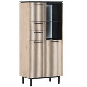 Vitrine aus Holz mit schwarzen Akzenten, teilweise verglast, aus seitlicher Perspektive.