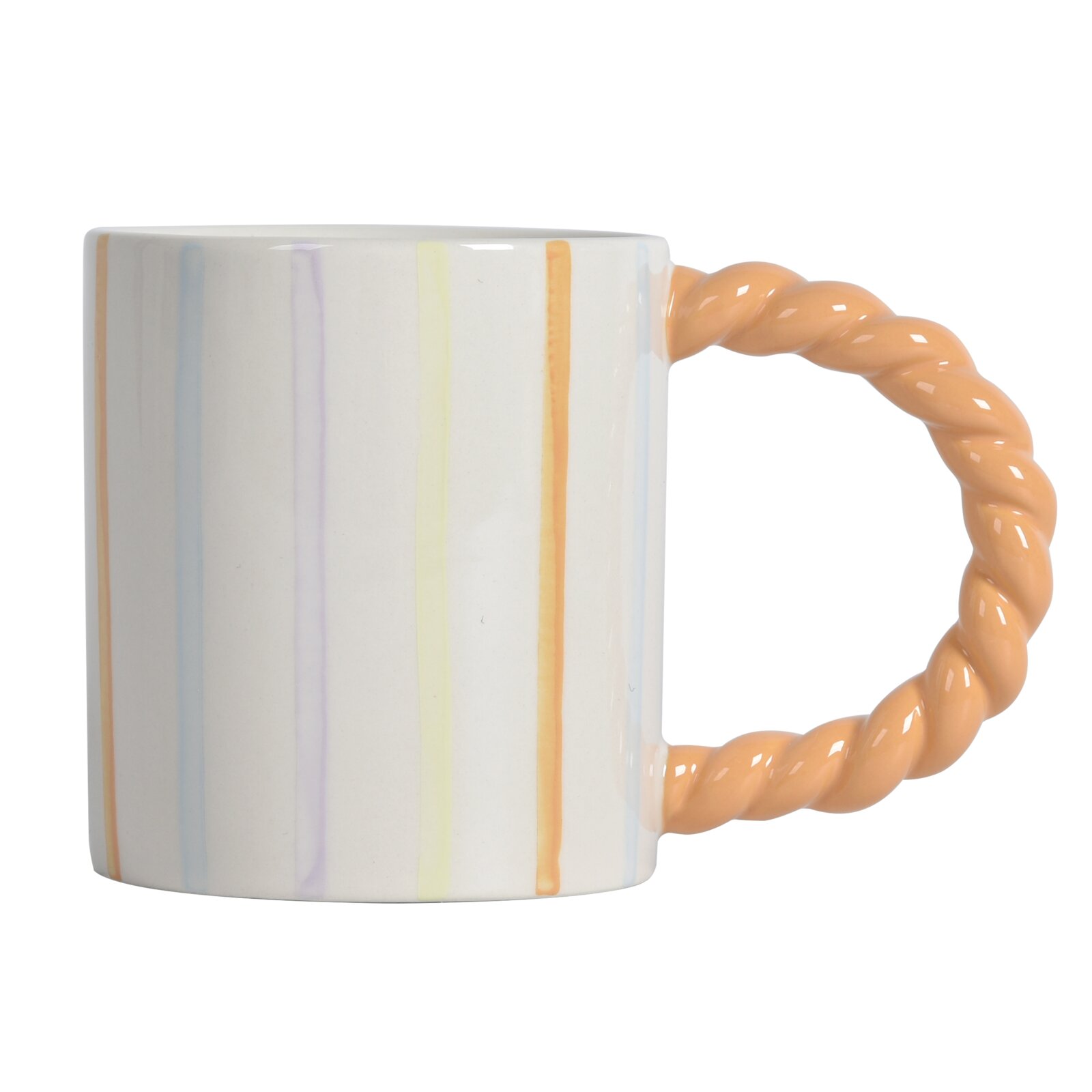 Koffiemok met pastelkleurige strepen en een gedraaide oor, zijaanzicht