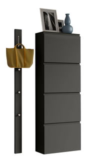 Schwarzes Garderobenset mit vier Schubladen und einer Wandgarderobe mit Haken, seitliche Perspektive