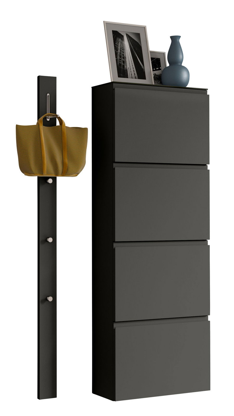 Moderano Garderoben-Set LECCO Schwarzes Garderobenset mit vier Schubladen und einer Wandgarderobe mit Haken, seitliche Perspektive