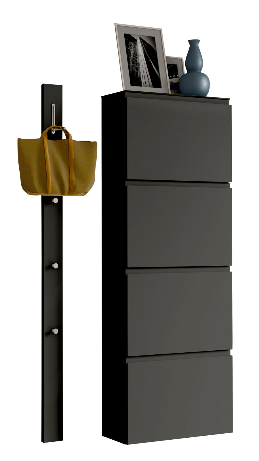 Moderano Garderoben-Set LECCO Schwarzes Garderobenset mit vier Schubladen und einer Wandgarderobe mit Haken, seitliche Perspektive