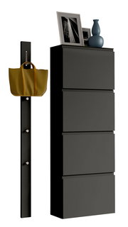 Schwarzes Garderobenset mit vier Schubladen und einer Wandgarderobe mit Haken, seitliche Perspektive