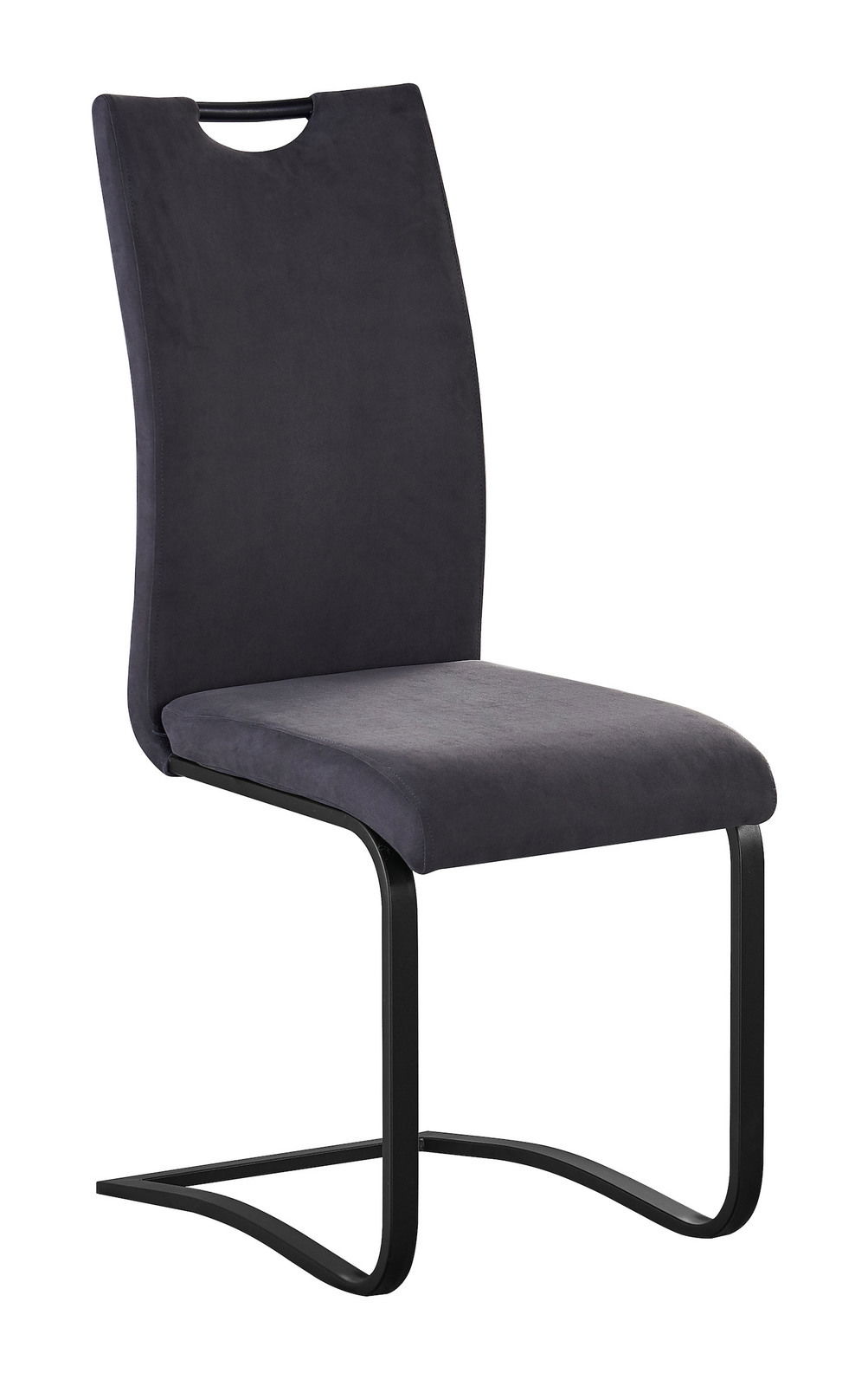 Moderner Freischwinger-Stuhl in dunklem Stoffbezug, seitliche Perspektive