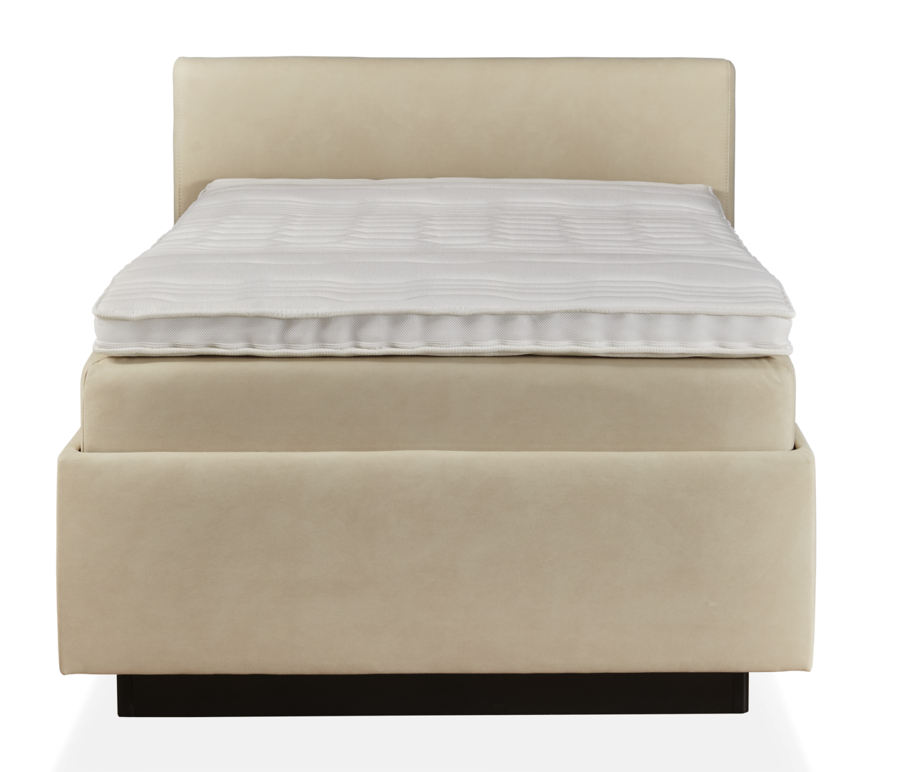 Beiges Polsterbett mit Kopfteil und Matratze, Frontalansicht