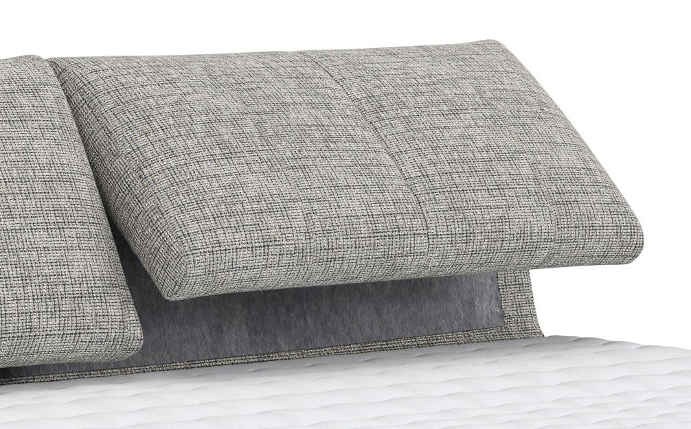 Nahaufnahme eines grauen Boxspringbett-Kopfteil mit strukturierter Stoffoberfläche, seitliche Perspektive