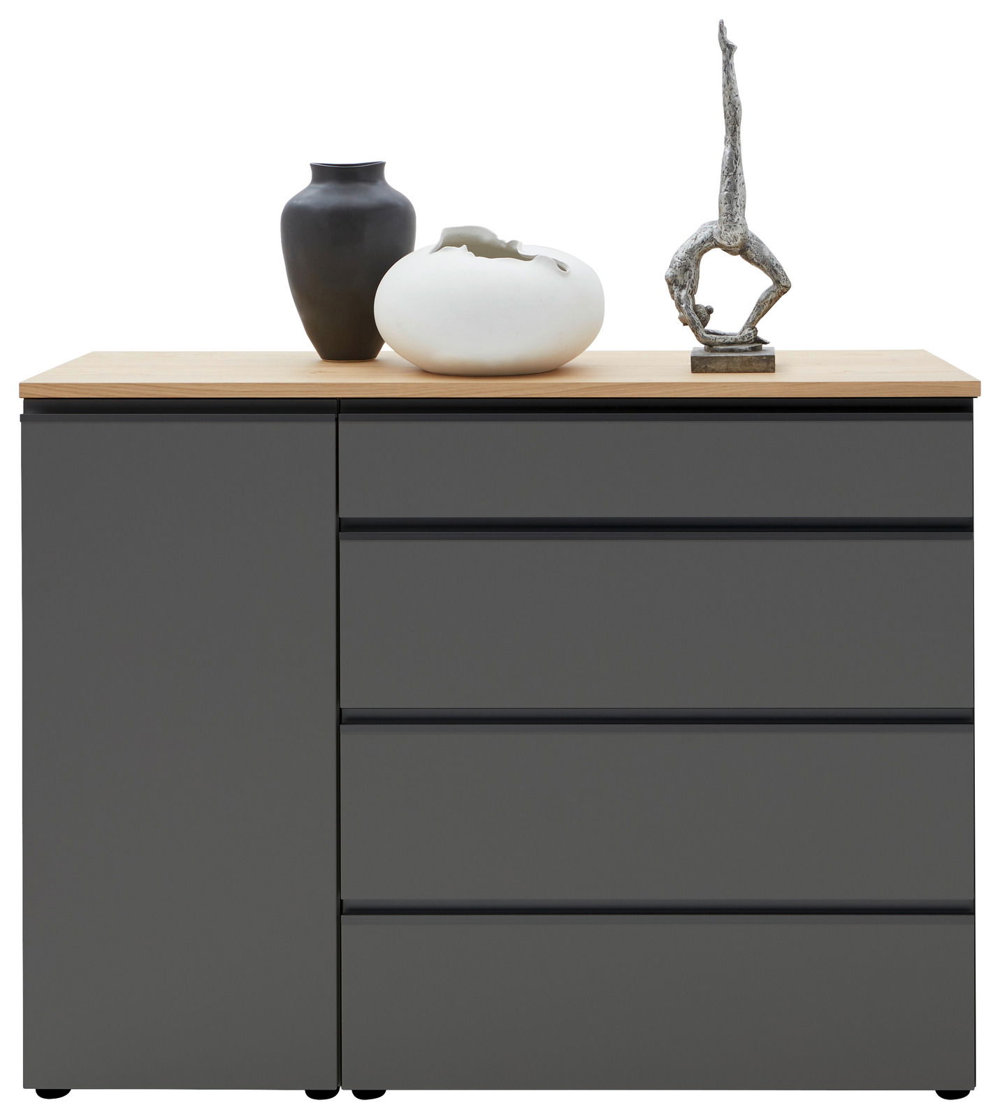 Moderne Kombi-Kommode 135 in dunklem Grau mit Holzplatte, dekoriert mit zwei Vasen und einer Skulptur, Frontalansicht