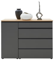 Moderne Kombi-Kommode 135 in dunklem Grau mit Holzplatte, dekoriert mit zwei Vasen und einer Skulptur, Frontalansicht