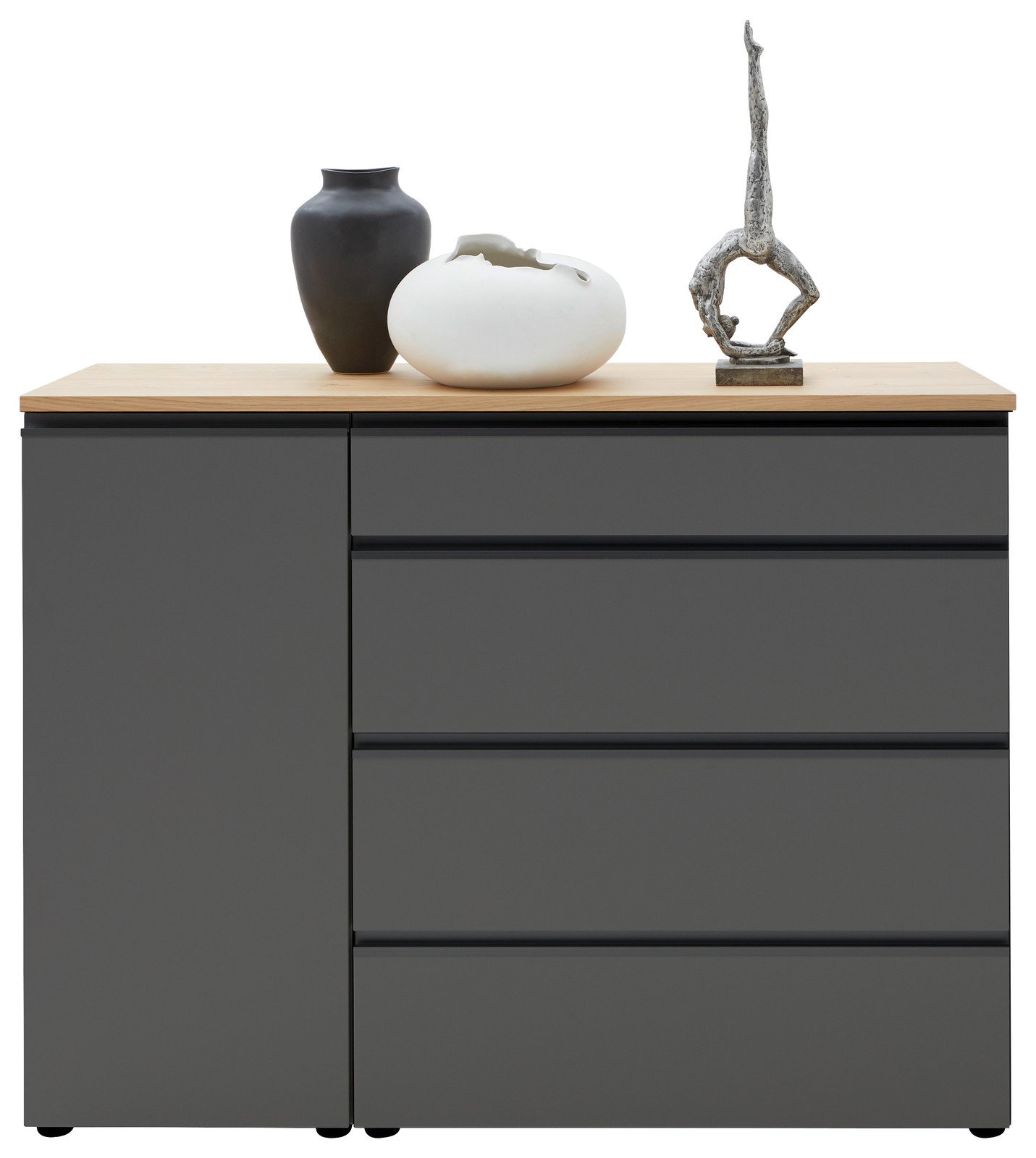 Moderne Kombi-Kommode 135 in dunklem Grau mit Holzplatte, dekoriert mit zwei Vasen und einer Skulptur, Frontalansicht