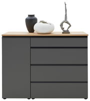 Moderne Kombi-Kommode 135 in dunklem Grau mit Holzplatte, dekoriert mit zwei Vasen und einer Skulptur, Frontalansicht