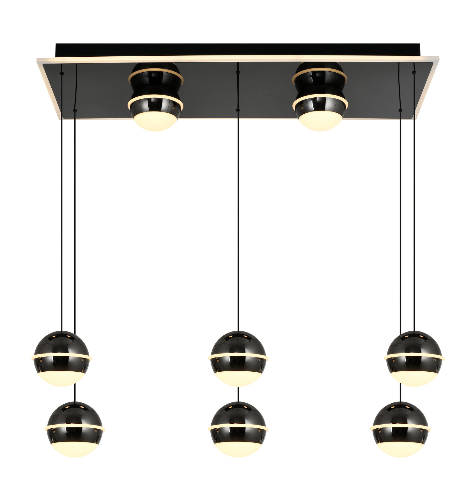 Moderne LED-Pendelleuchte mit sechs kugelförmigen Lampen, hängend von einer rechteckigen Deckenplatte, Ansicht von unten.
