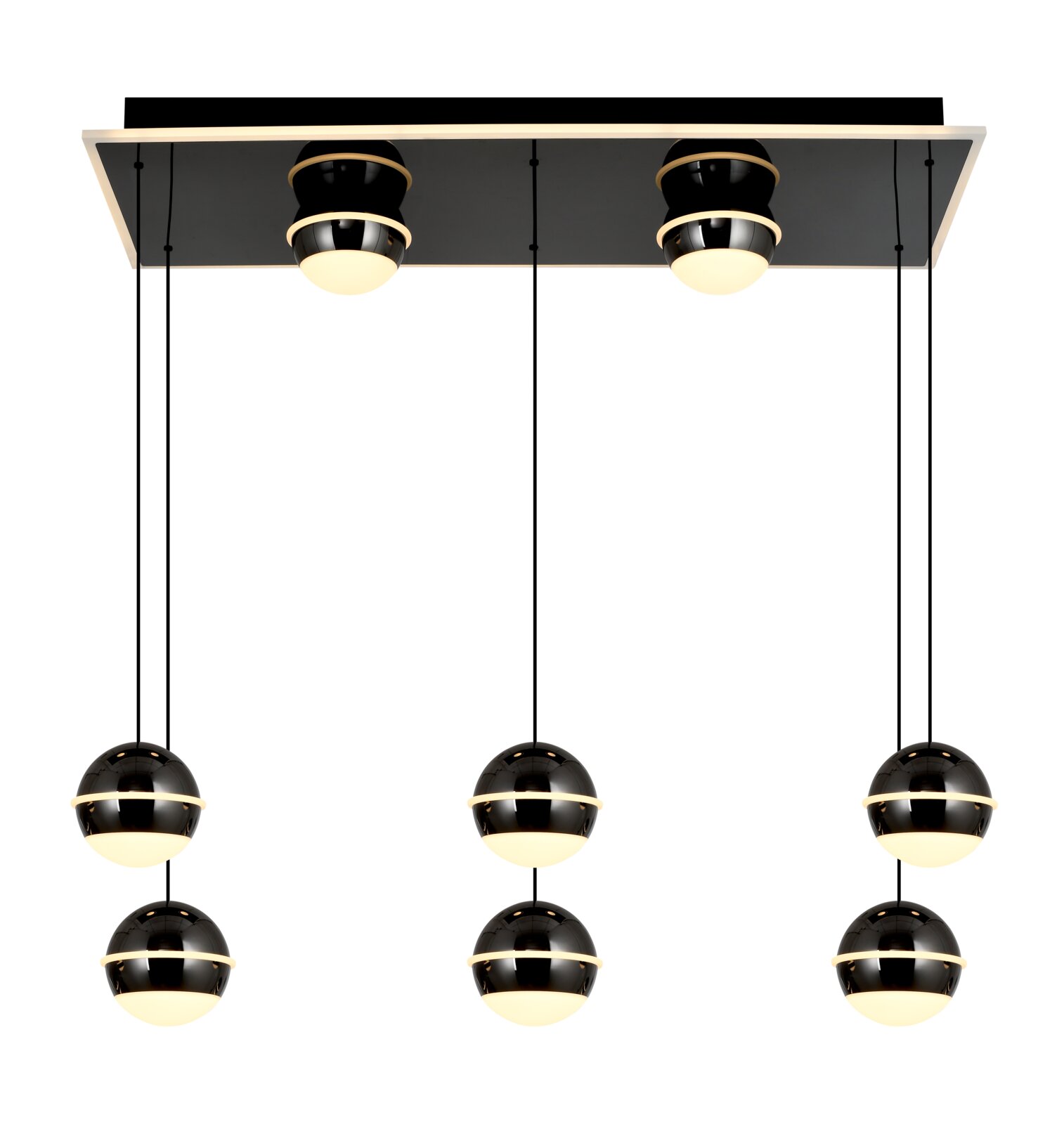 Moderne LED-hanglamp met zes bolvormige lampen, hangend aan een rechthoekige plafondplaat, gezien van onderaf.