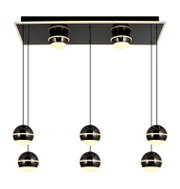 Moderne LED-hanglamp met zes bolvormige lampen, hangend aan een rechthoekige plafondplaat, gezien van onderaf.
