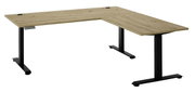 Moderner E-Eckschreibtisch mit Holzoptik und schwarzem Metallgestell, seitliche Perspektive