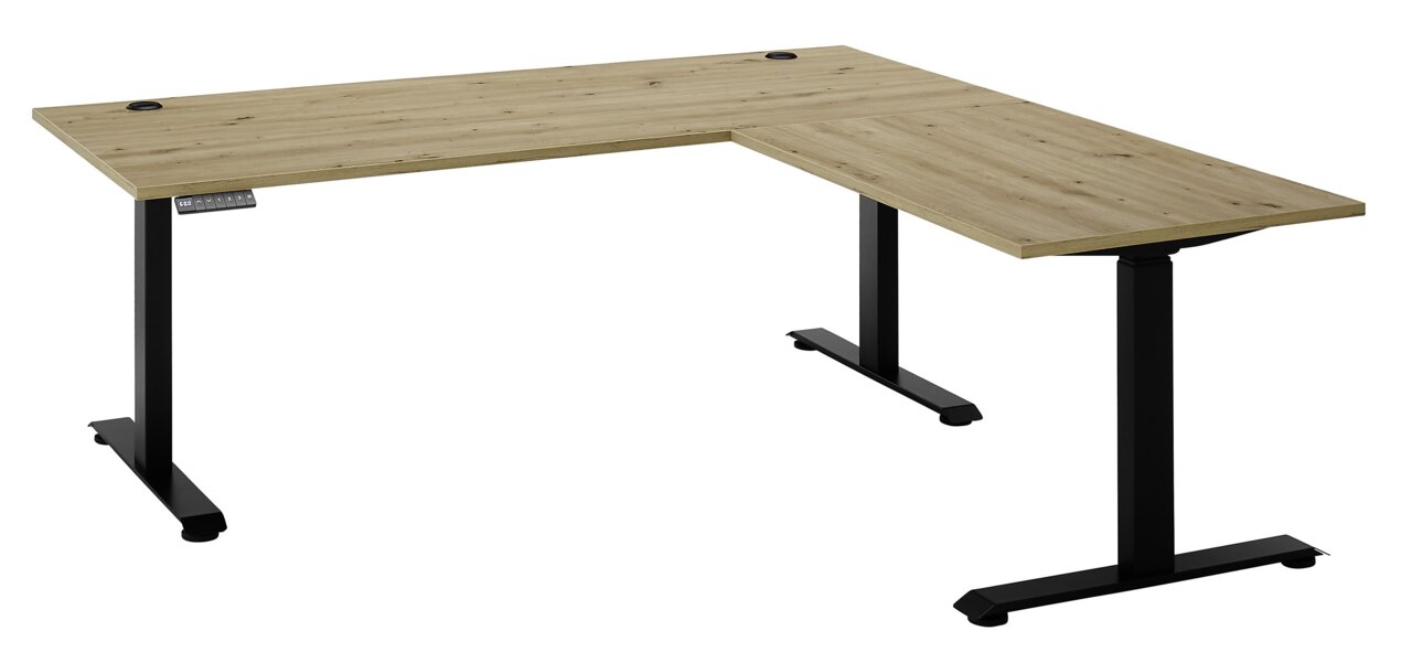 Moderner E-Eckschreibtisch mit Holzoptik und schwarzem Metallgestell, seitliche Perspektive