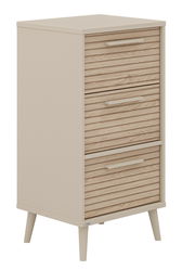 Beige Kommode mit drei Schubladen aus Holz, schräg von vorne fotografiert