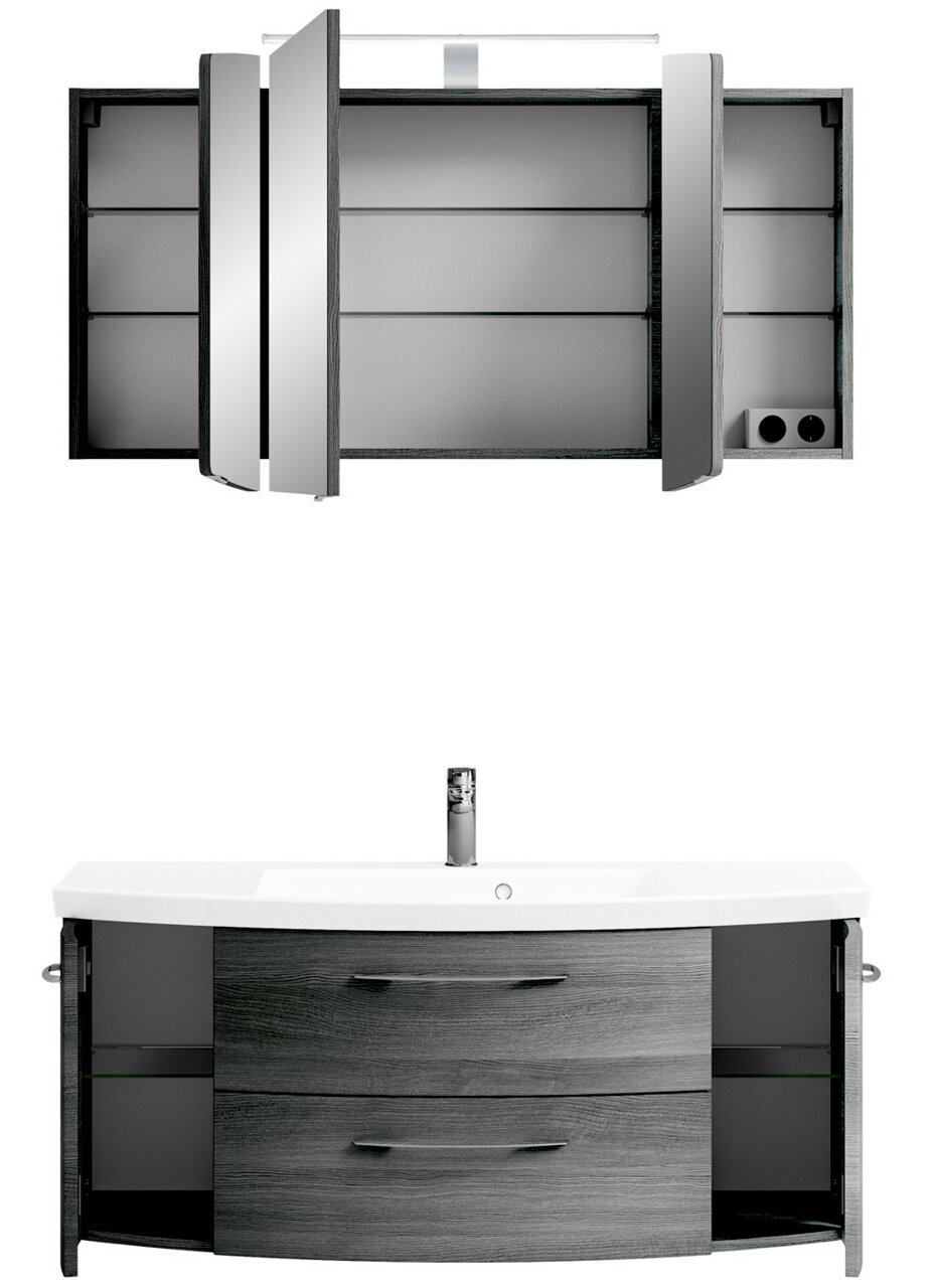 Badezimmerschrank-Kombination mit Spiegelschrank und Waschbecken, Frontalansicht