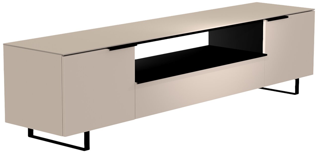 Modernes XL TV-Lowboard in Beige mit schwarzem offenen Fach, seitlicher Perspektive