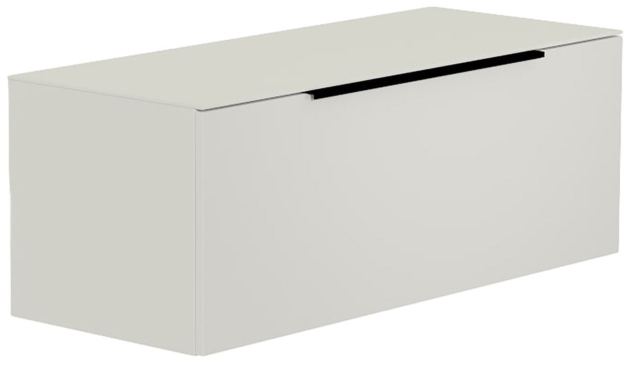Hänge-Lowboard in hellem Grau aus seitlicher Perspektive