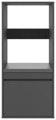 Frontansicht eines modernen, grauen Waschmaschinenschranks mit offenem Regal und Schublade.