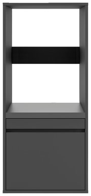 Frontansicht eines modernen, grauen Waschmaschinenschranks mit offenem Regal und Schublade.