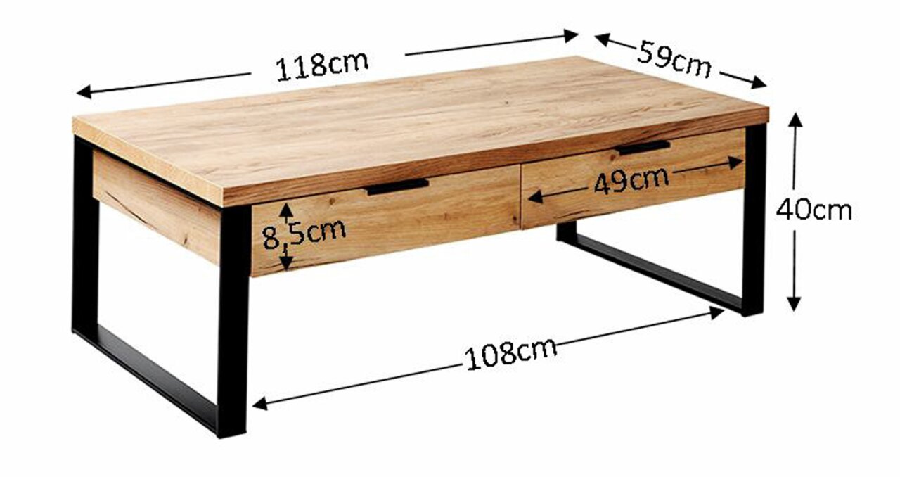 Moderner Couchtisch aus Holz mit Metallbeinen, zwei Schubladen und den Maßen 118 cm x 59 cm x 40 cm, seitliche Perspektive.