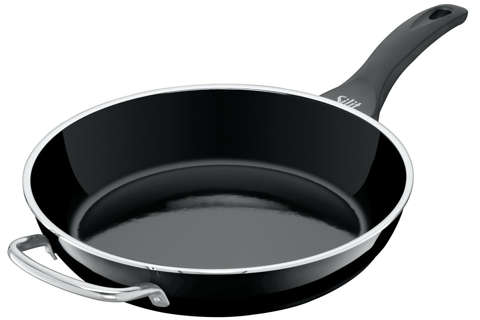 Hochwertige Stielpfanne mit hohem Rand, schwarzer Innenbeschichtung und ergonomischem Griff, seitliche Perspektive