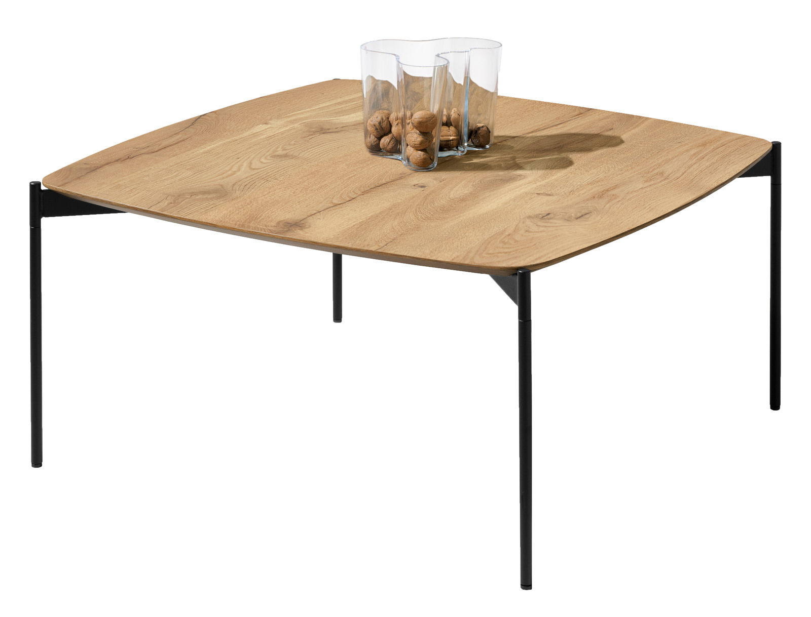 Moderner Couchtisch mit Holzplatte und schwarzen Metallbeinen, seitliche Perspektive