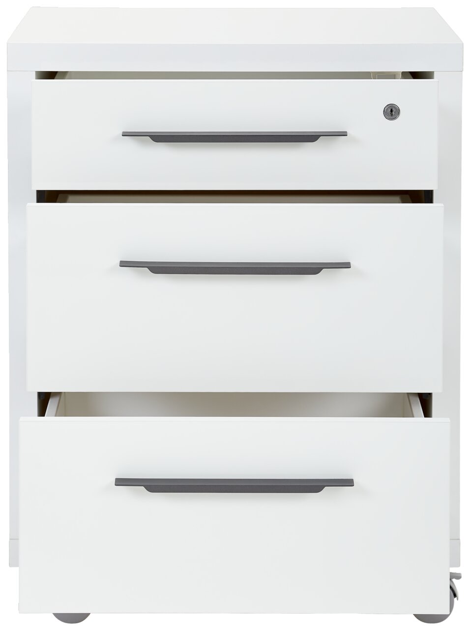 Weißer Rollcontainer mit drei Schubladen, Frontansicht