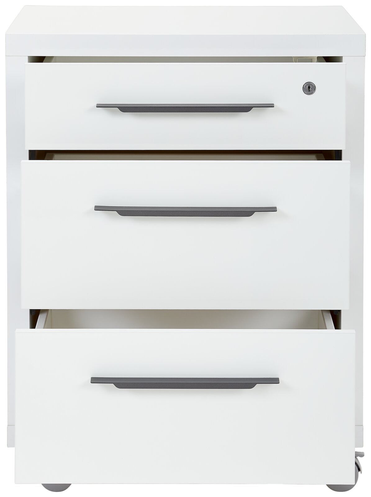 Weißer Rollcontainer mit drei Schubladen, Frontansicht