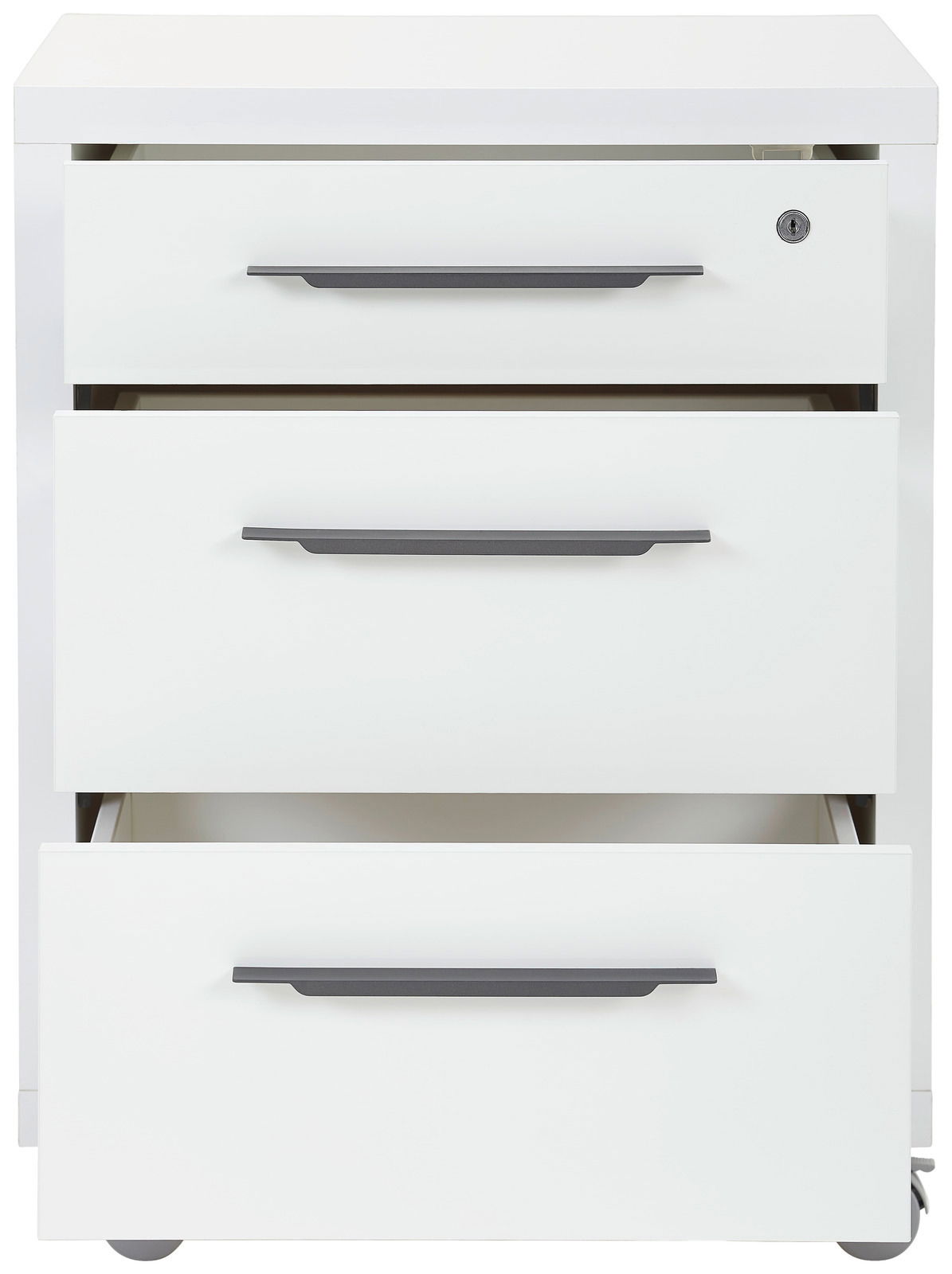 Weißer Rollcontainer mit drei Schubladen, Frontansicht