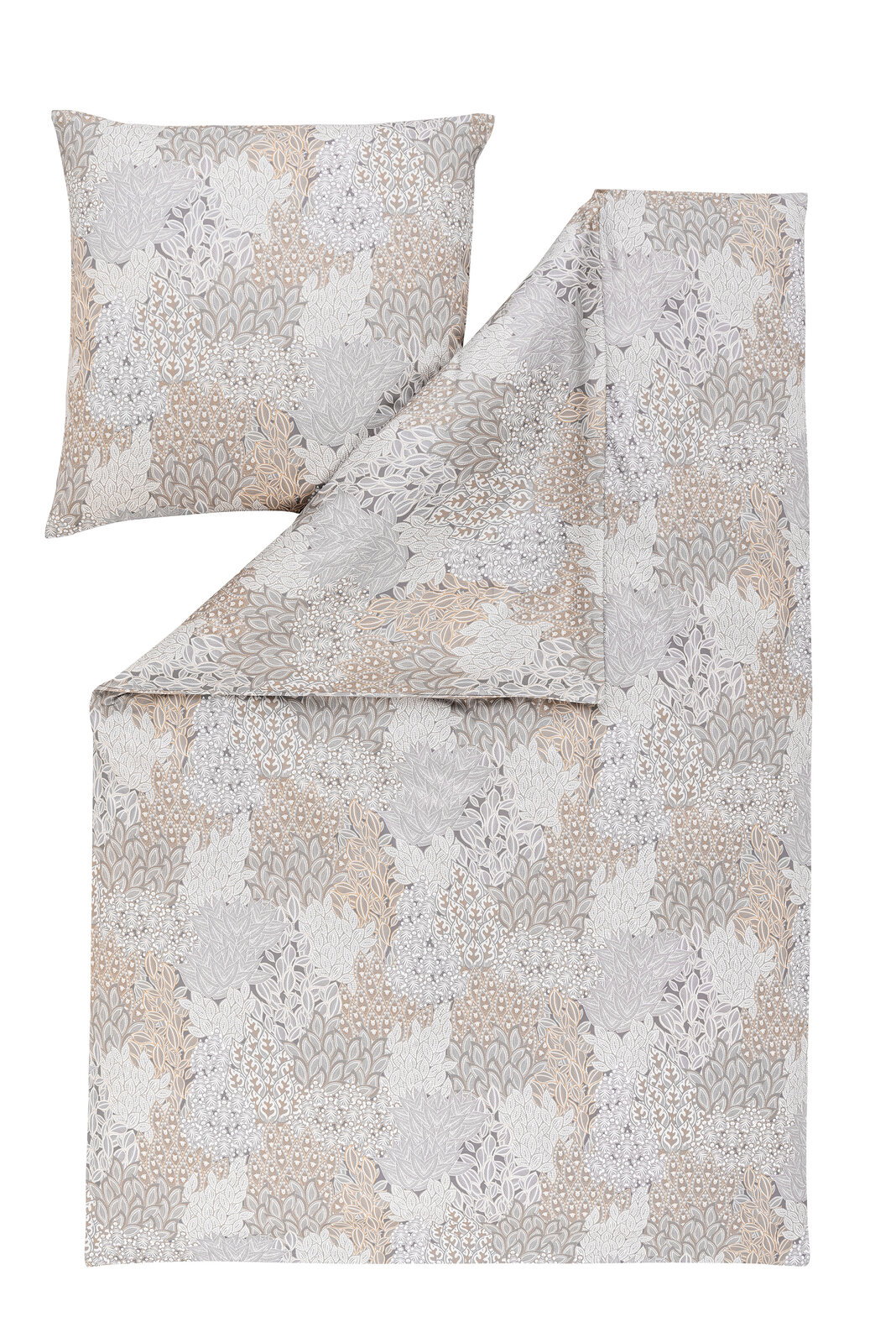 Bettwäsche-Set mit floralem Muster in Beige- und Grautönen, bestehend aus einem Kissenbezug und einem Bettdeckenbezug, aus der Vogelperspektive.