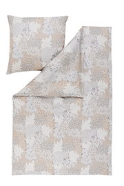 Bettwäsche-Set mit floralem Muster in Beige- und Grautönen, bestehend aus einem Kissenbezug und einem Bettdeckenbezug, aus der Vogelperspektive.