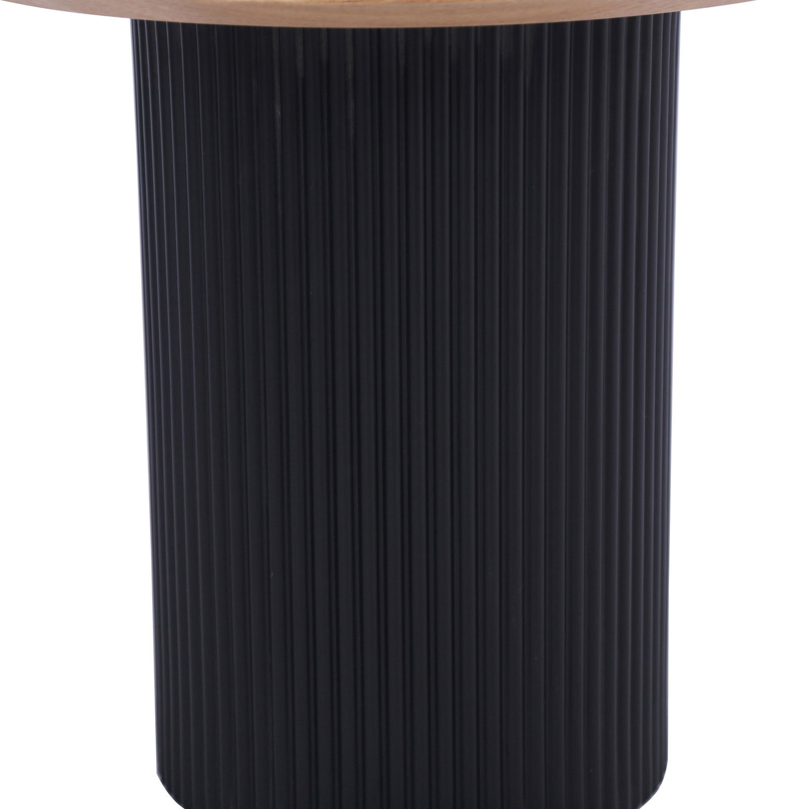 Moderner Beistelltisch mit schwarzem, gerilltem Zylinderfuß und runder Holzplatte, seitliche Perspektive
