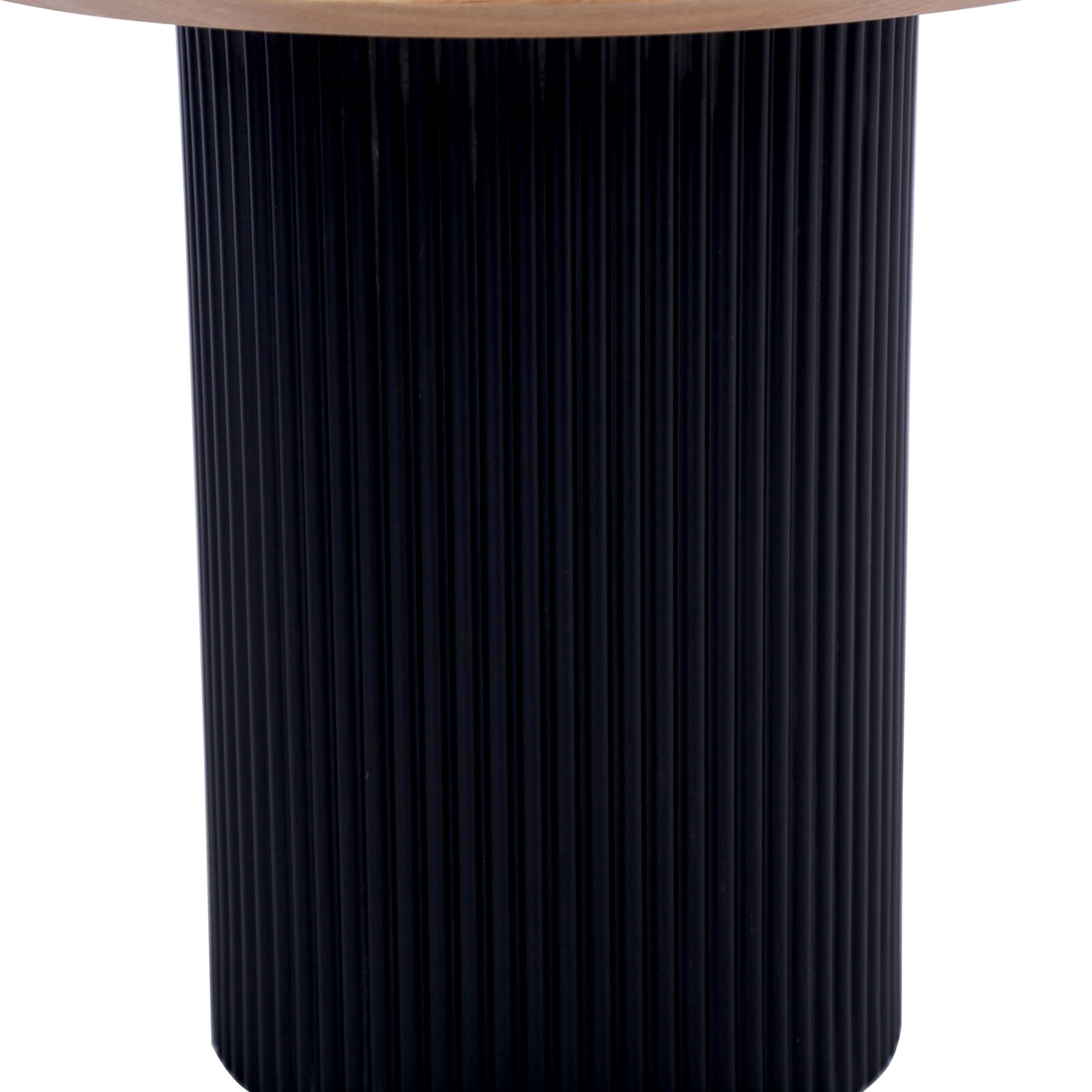 Moderne bijzettafel met een zwarte, geribbelde cilindrische voet en een rond houten blad, zijaanzicht