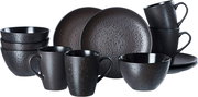 Frontalansicht eines 12-teiligen Frühstücksservices in dunklem, strukturiertem Design mit Tassen, Schalen und Tellern.